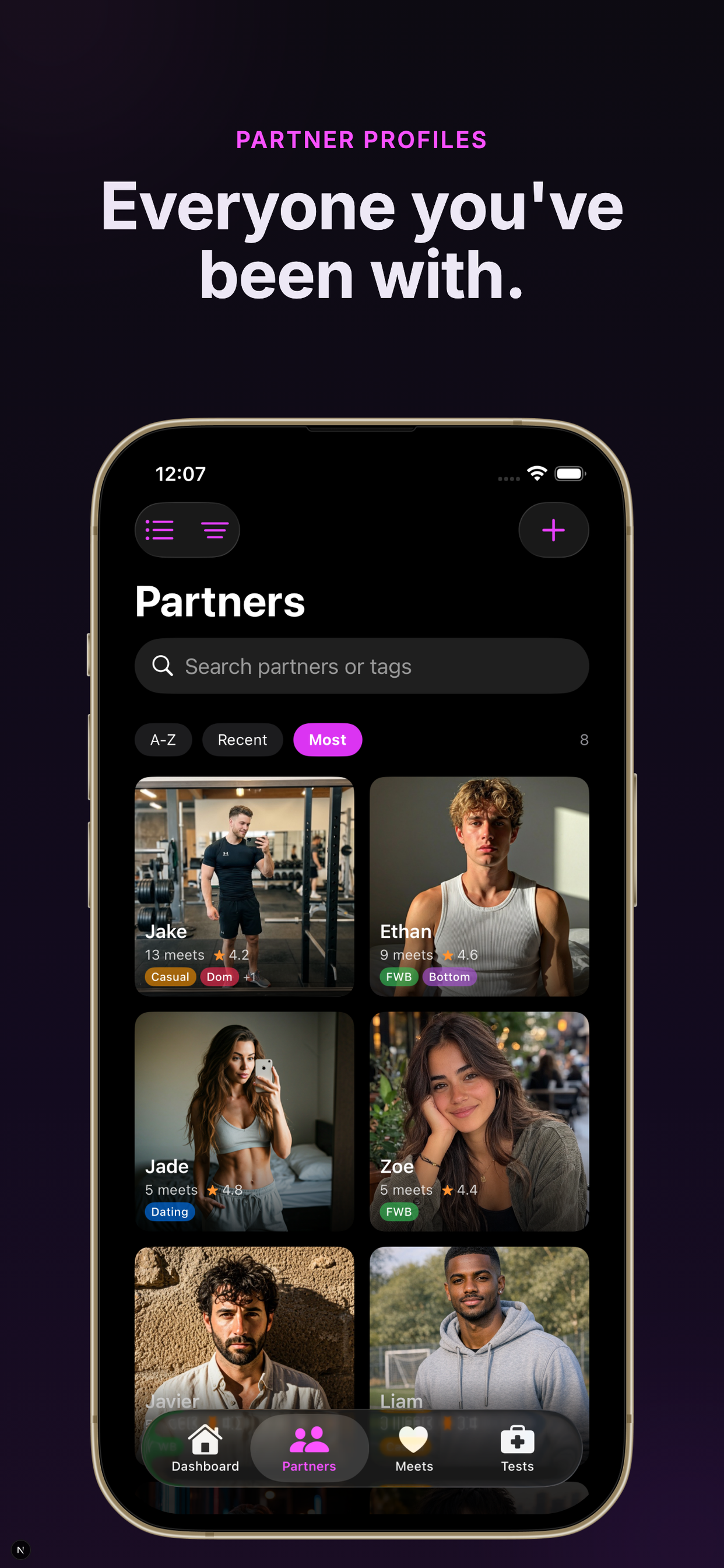 Partner profile with details, notes, and encounter history