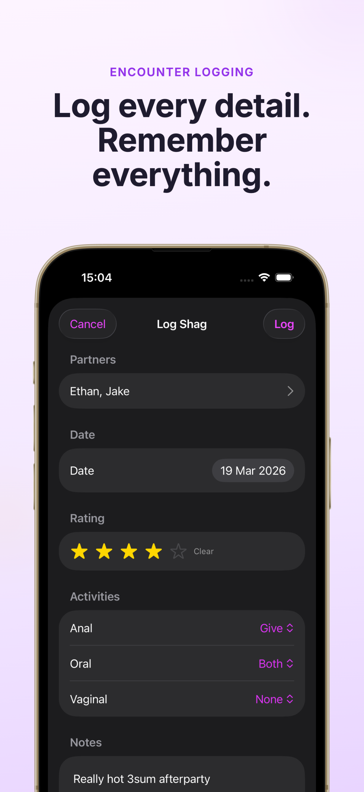 Log an encounter — date, partners, activity, and protection