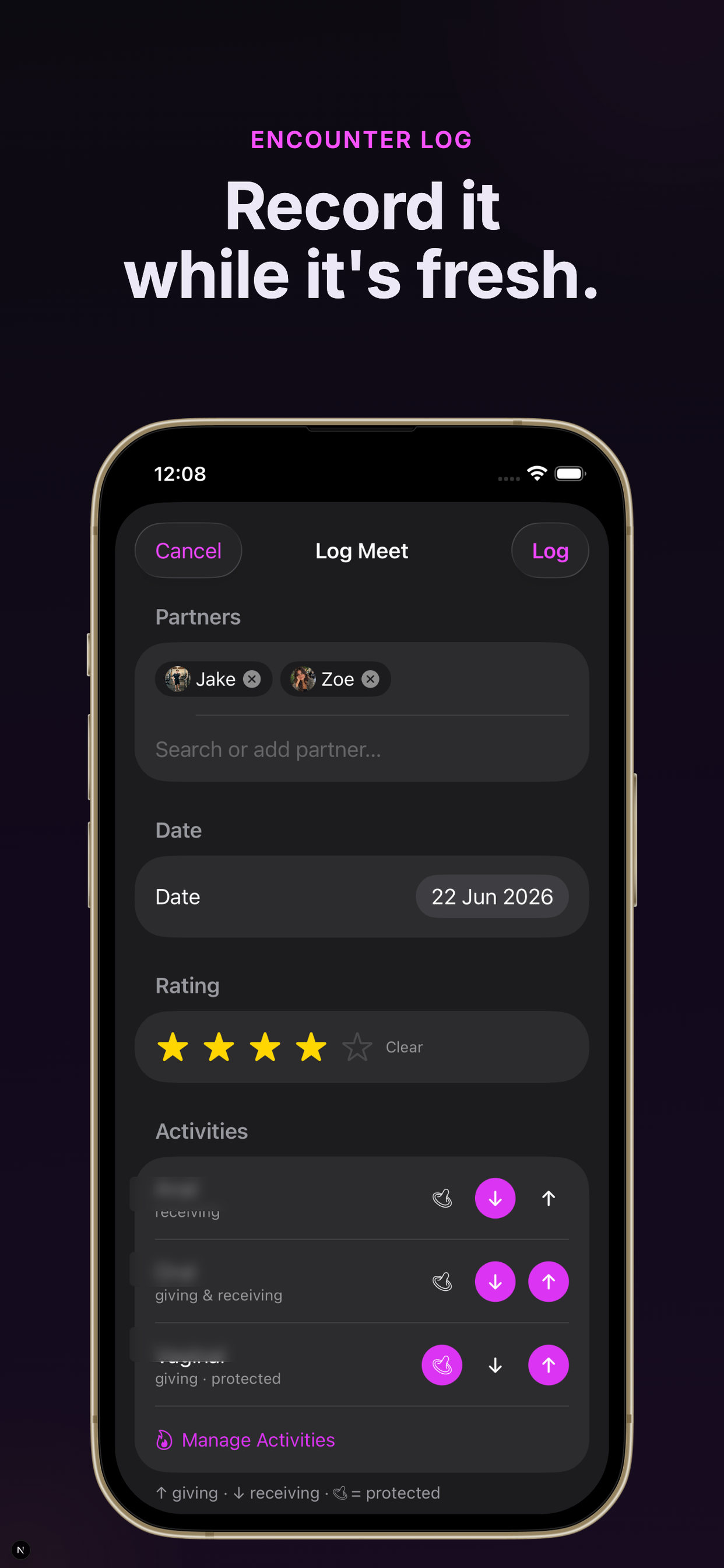 Log an encounter — date, partners, activity, and protection