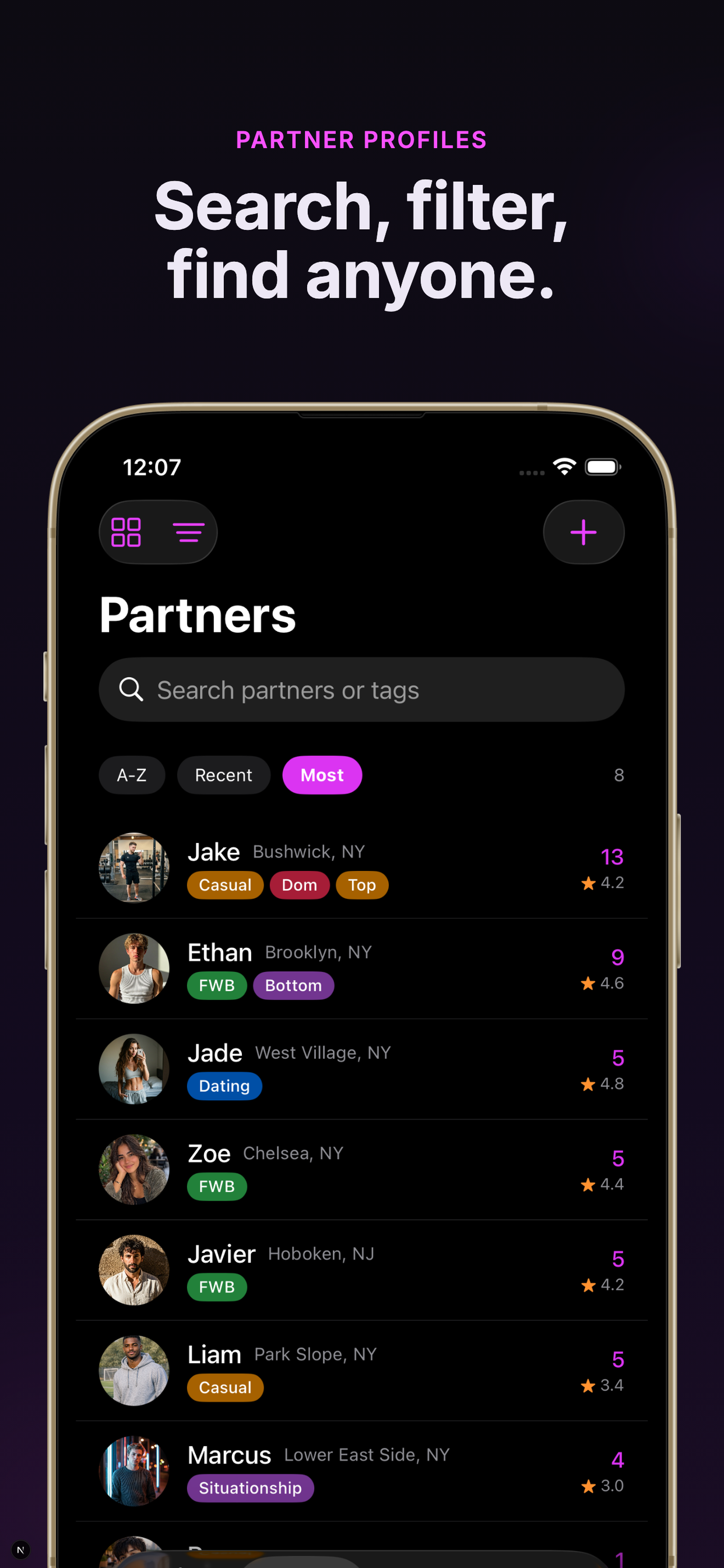 Partners list with search, tags, and filters