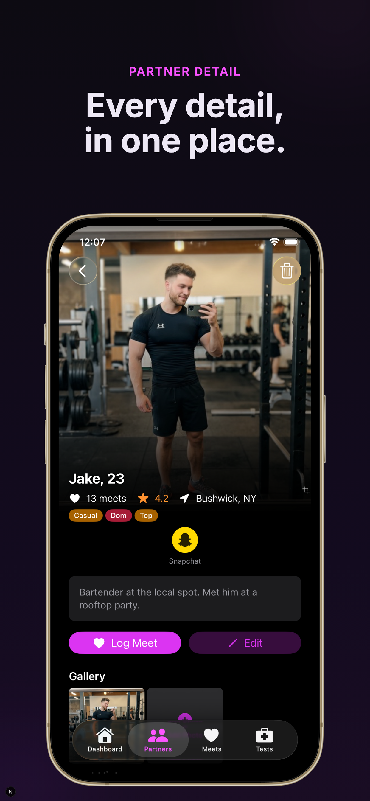 Partner profile detail with notes and encounter history