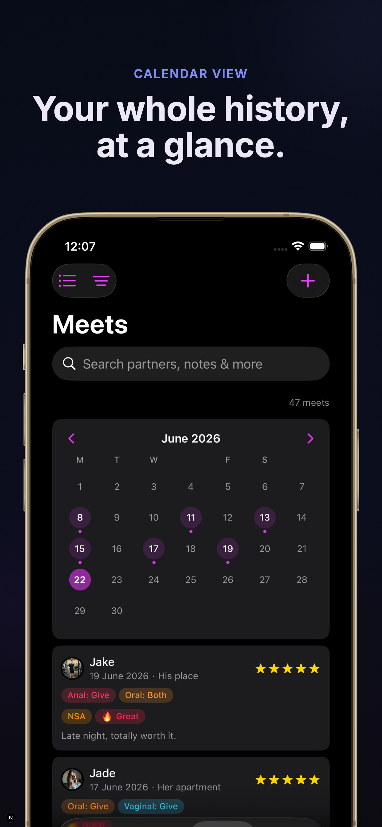Calendar view with encounter dates highlighted